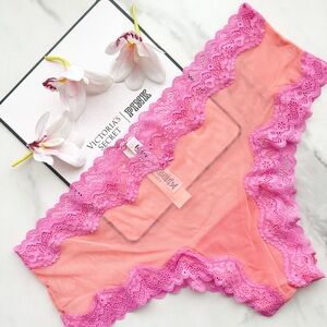 NWT VICTORIA’S SECRET TEASE MESH LACE-TRIM CHEEKY PANTY IN CORAL & NEW PEONY XL